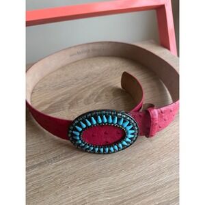 Tanner Italy Pink Ostrich Leather Belt Turquoise Statement Buckle Size L 378BT09